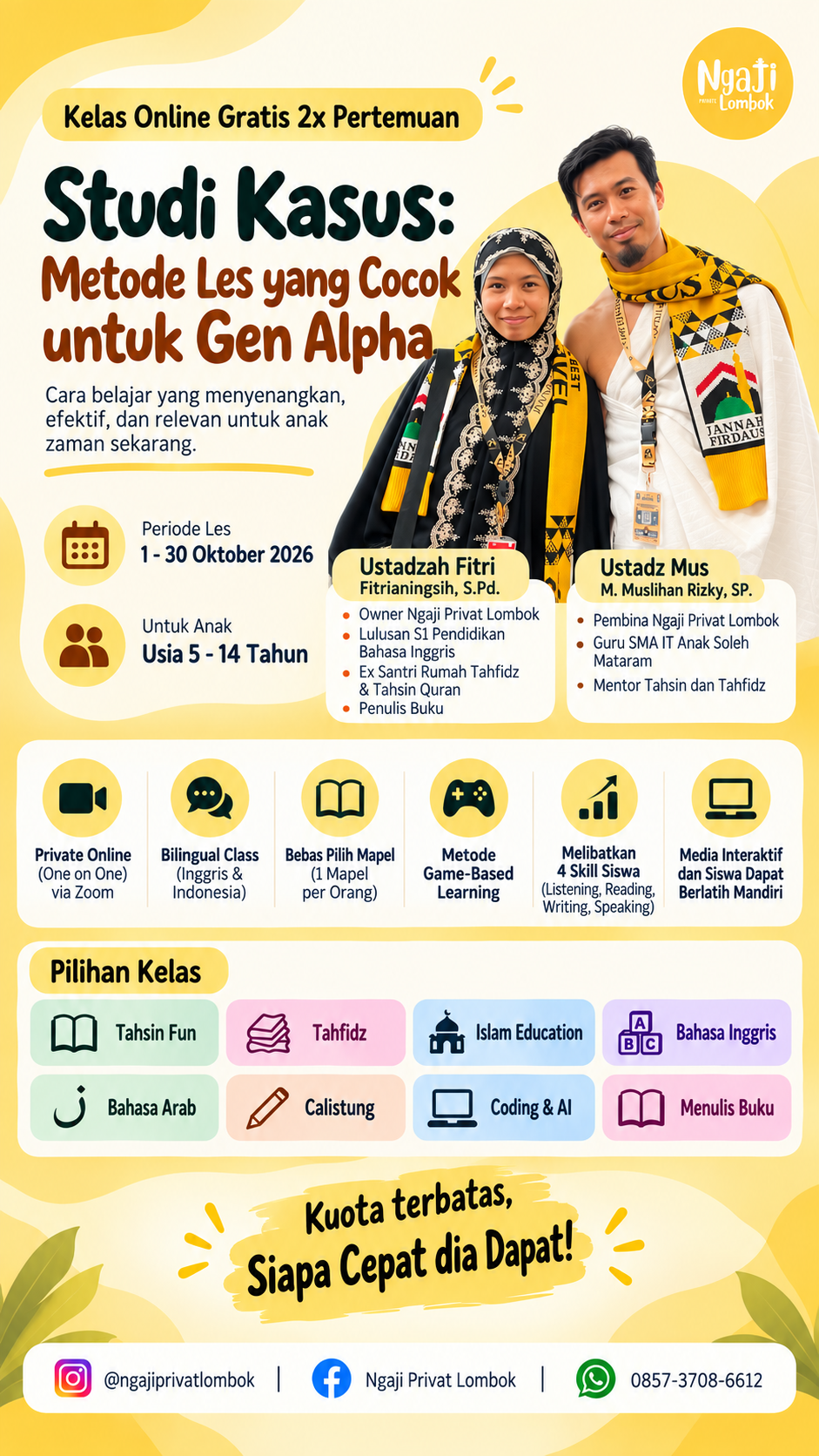 Flyer kelas online bersama Ustadzah Fitri dan Ustadz Mus